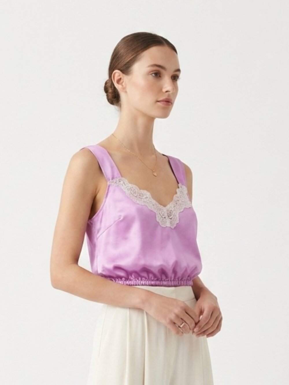 Adore Me Tank Blouse Orchid Satin Lace Sleeveless Y2K Coquette L